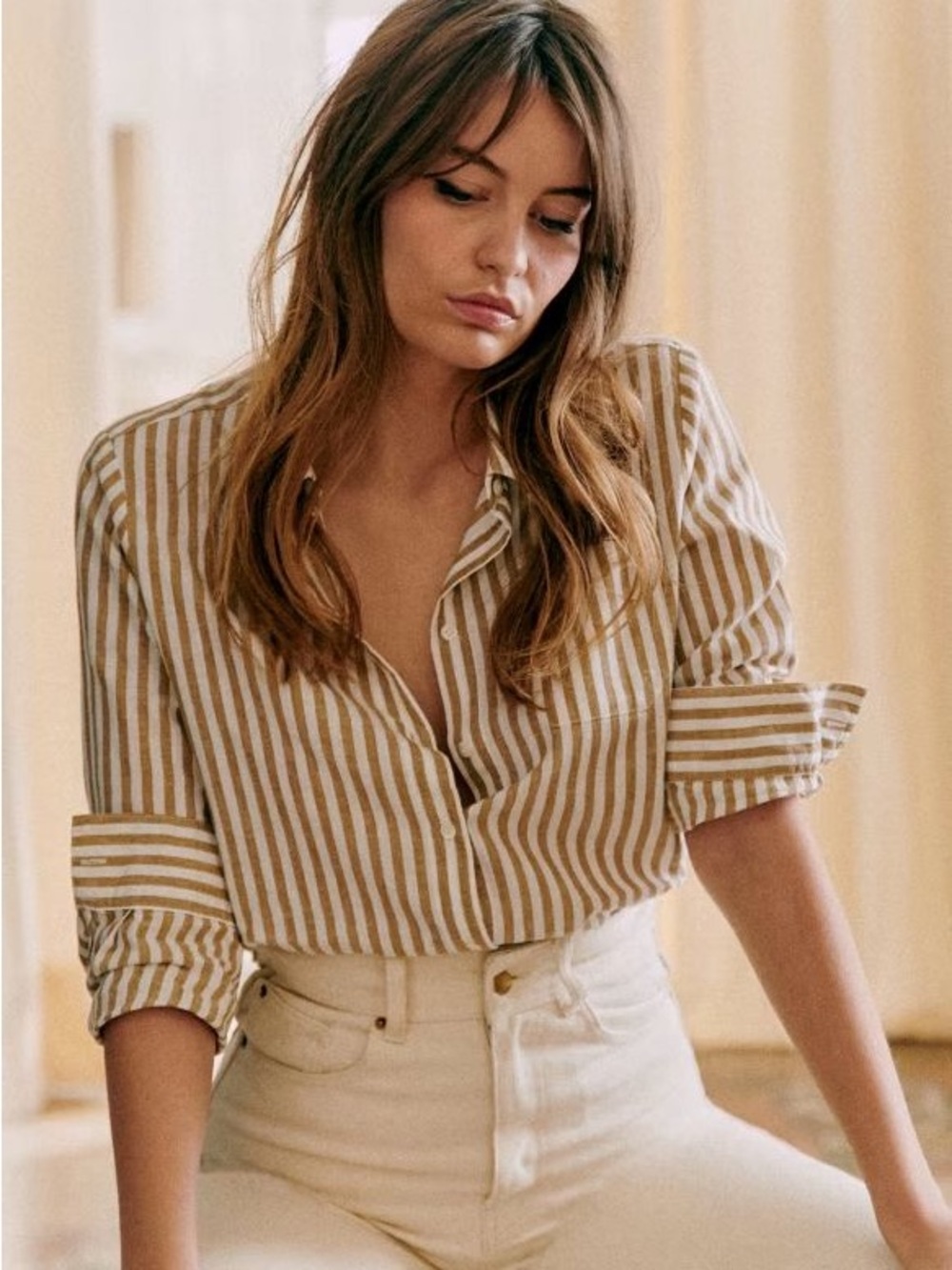 SEZANE Camel Tan & White Ecru Linen Cotton Striped Button Down Tomboy Shirt